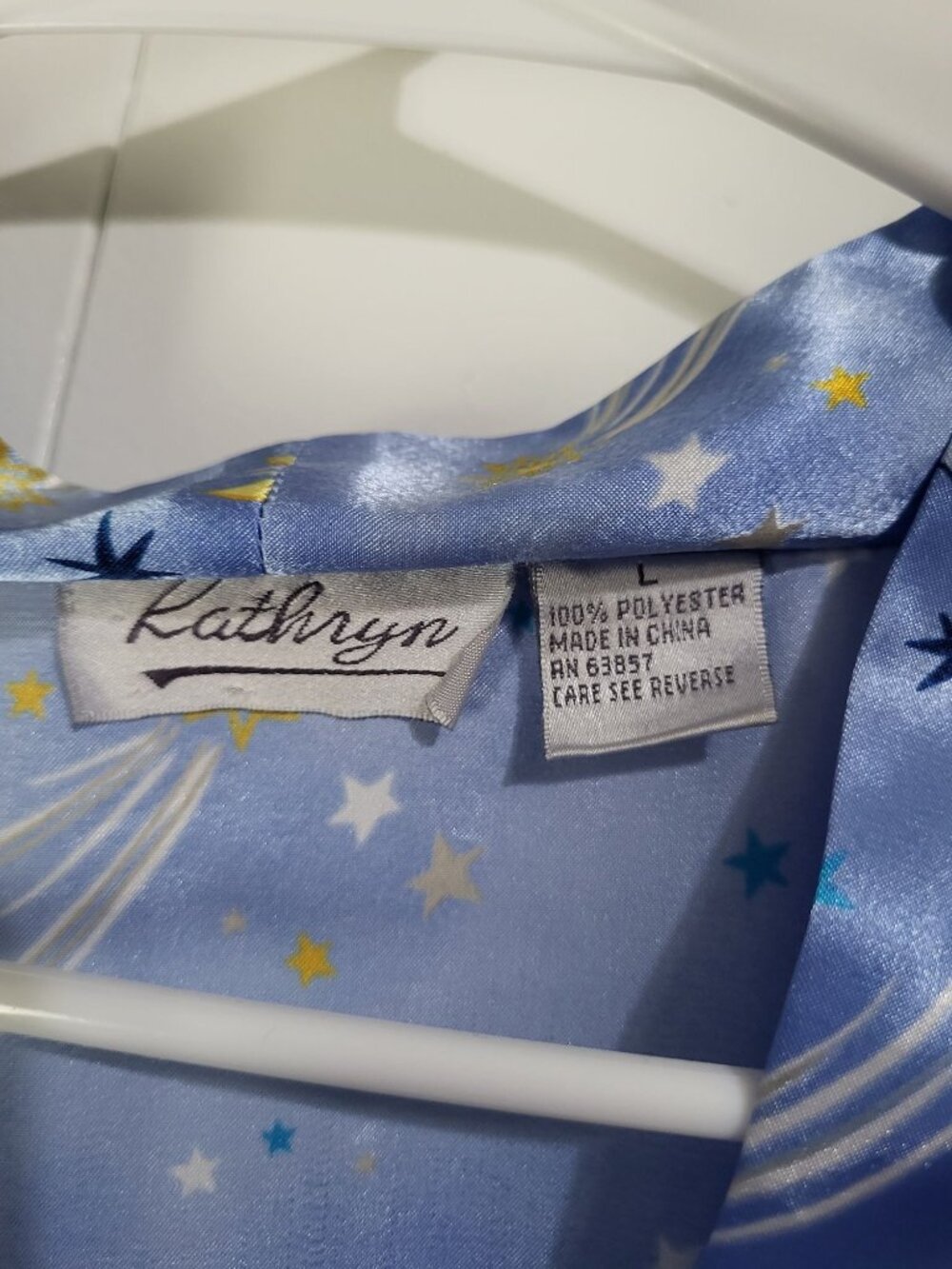 Vintage Kathryn Women LG Blue Satin Robe Sun Moon Stars Print 90s Celestial - Picture 5 of 10